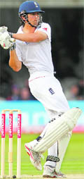 Alastair Cook hooks during the second innings on the fifth day of the second Test against Sri Lanka at Lord's on Tuesday