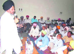 BSP state chief Avtar Singh Karimpuri addresses party workers in Bathinda.