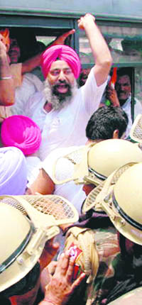 Police takes Congress activists into custody in Amritsar on Monday. Punjab Pradesh Congress Committee delegate Harpal Bhatia along with his associates staged a dharna outside the residence of the city Mayor over alleged apathy on the part of the civic authorities in checking the spread of jaundice in parts of Verka, which has claimed the life of one person. 