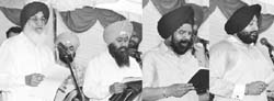 Chief Minister Parkash Singh Badal administers oath to the newly appointed Chief Parliamentary Secretaries HS Sandhu, GS Ghuriana and IS Bolaria at Punjab Bhawan in Chandigarh