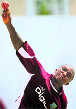 West Indies� Fidel Edwards bowls during a practice session in Jamaica on Saturday