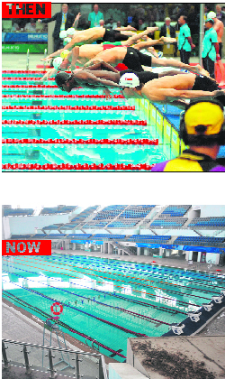 A swimming event in progress during the Games; and (below) the pool at the SPM Talkatora Stadium lying unutilised