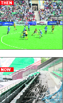 An India-Australia match in progress and (below) waste material scattered in the stadium�s spectator stand 