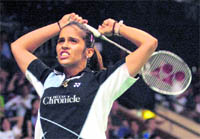 Saina Nehwal celebrates after defeating Tine Baun in their singles quarterfinal match in Jakarta on Friday.