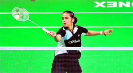 Saina Nehwal returns against Cheng Shao Chieh of Taiwan during their singles semi-final at the Indonesia Open in Jakarta on Saturday.