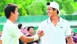 Somdev Devvarman (R) and Kei Nishikori after beating Rainer Schuettler and Alexander Waske in men�s doubles in London on Saturday. 