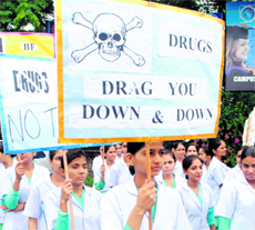 Girls from a nursing college hold an awareness rally in Patiala on Sunday