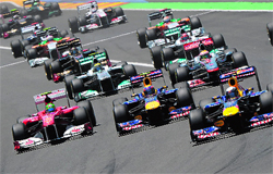 Red Bull Racing�s driver Sebastian Vettel (R) leads after the start of European Grand Prix at the Valencia Street Circuit on Sunday. Vettel went on to win the race