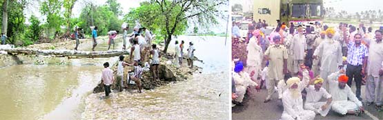 Labourers plug a breach in the Panjawa sub-canal near Abohar; and (right) Patiala farmers protest against Hansi-Butana wall.