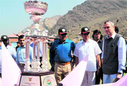 J&K Chief Minister Omar Abdullah (R) inaugrates the Kashmir Premier League in Srinagar on Monday.
