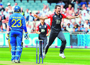 James Anderson of England celebrates a wicket during the 4th ODI against Sri Lanka at Nottingham on Wednedsay. England won by 10 wickets