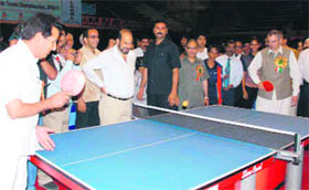 J&K Chief Minister Omar Abdullah (R) inaugurates the All-India Table Tennis Championship in Srinagar on Thursday.