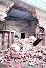 A part of the historic Quila Mubarak in Patiala was damaged by heavy showers on Thursday.