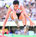 Mayookha Johny of India competes in the women's triple jump final at the Asian Athletics Championships in Kobe on Saturday