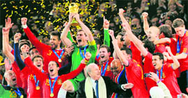 The Spanish team celebrate after winning the 2010 FIFA World Cup in South Africa.