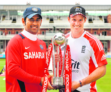 India's captain MS Dhoni (L) holds the trophy with England captain Andrew Strauss before Thursday's first Test at Lord's in London on Wednesday. Match Starts: 3.30 pm