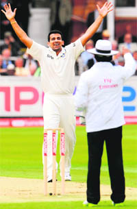 Zaheer Khan appeals successfully for the wicket of Alastair Cook at Lord's 