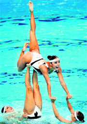 Mexican team competes in the final of the team free synchronised swimming competition in the FINA World Championships in Shanghai on Saturday.