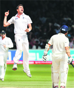 England�s James Anderson (L) reacts after dismissing Sachin Tendulkar at Lord's on Monday.