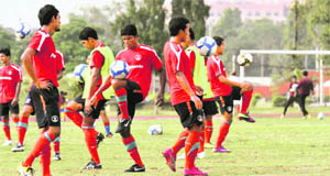 Indian football team during a practice session at the Nehru Stadium in New Delhi.