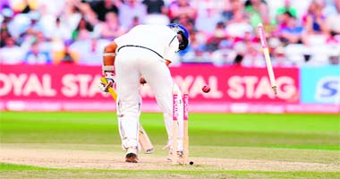 VVS Laxman is bowled out by James Anderson at Trent Bridge on Monday