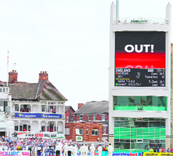 The scoreboard shows the third umpire�s run-out decison at Trent Bridge