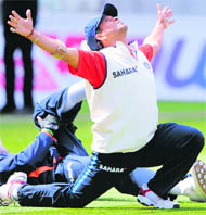 Sachin Tendulkar stretches during a practice session at the Edgbaston cricket ground in Birmingham on Tuesday.