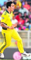 Australia�s Mitchell Johnson celebrates the dismissal of Lanka�s Kumar Sangakkara in Pallekele