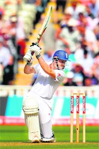 Andrew Strauss hits a boundary at Edgbaston on Thursday