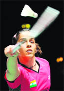 Saina Nehwal against China's Wang Xin during the singles quaterfinals in London 