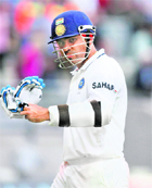 Sehwag reacts after falling for a duck at Edgbaston. 