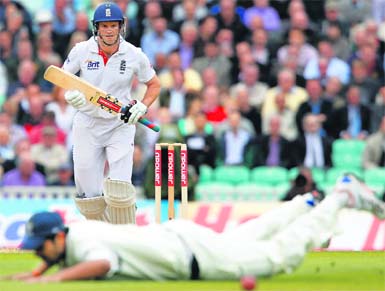 Andrew Strauss hits one to the boundary on the first day of the fourth Test against India at The Oval 