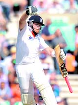 Ian Bell celebrates his double hundred at The Oval on Saturday.
