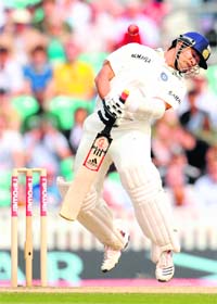Elusive Ton: Sachin evades a bouncer during his knock of 91 at The Oval on Monday
