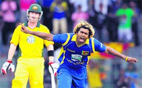 Sri Lanka's Lasith Malinga celebrates his hat-trick in the final ODI against Australia in Colombo on Monday