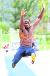 Dwight Phillips of the U.S. performs a long jump during a training session for the World Championship in Daegu on Wednesday. 