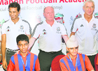 Liverpool FC legend Ian Rush (right) and SMFA head coach and chief mentor Steve McMahon with incumbent members of the academy to come up in Noida.