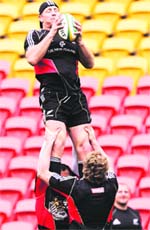 Brad Thorn of New Zealand's All Blacks is lifted to catch a high ball during the All Blacks Captain's Run ahead of their Tri-Nations rugby union match against Australia in Brisbane