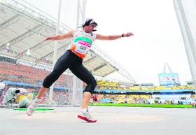 India's Tintu Luka competes in the discus throw qualification round at the IAAF World Championships in Daegu on Saturday. 