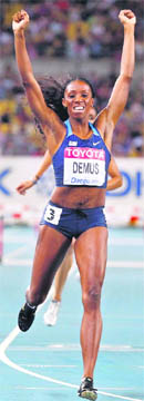 Lashinda Demus of the US celebrates after winning the 400 metres hurdles final at the World Championships in Daegu 