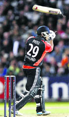 The blade of Samit Patel's bat flies after breaking during his team's win over India in Manchester. 