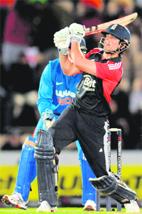 England's captain Alastair Cook hits a six in the second ODI against India in Southampton on Tuesday