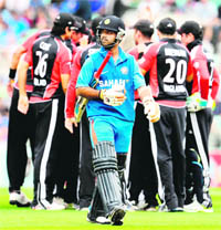Ajinkya Rahane departs after being dismissed for a duck in the third ODI against England at The Oval in London on Friday. � Reuters
