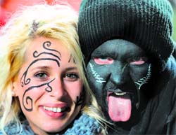 All Blacks supporters grimace before Rugby World Cup Pool-A match between NZ & Japan at Waikato Stadium in Hamilton on Friday.