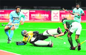 Indian goalkeeper Sreejesh Raveendran in action