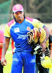 Royal Challengers Bangalore�s Chris Gayle during a practice session in Bangalore