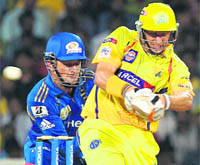 Chennai Super Kings� Michael Hussey plays a shot against the Mumbai Indians in Chennai on Saturday. 