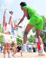 A volleyball match in progress between Kalampura (R) and Chor Karsa village during the Haryana State Inter-village Volleyball Championship in Karnal 