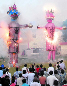 Effigies of Ravana and Kumbhkarna set on fire at MSD Senior Secondary School in Bathinda on Thursday