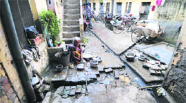 A view of the courtyard in Govindpura locality of Ludhiana, where migrant industrial labourers live in pathetic conditions. 